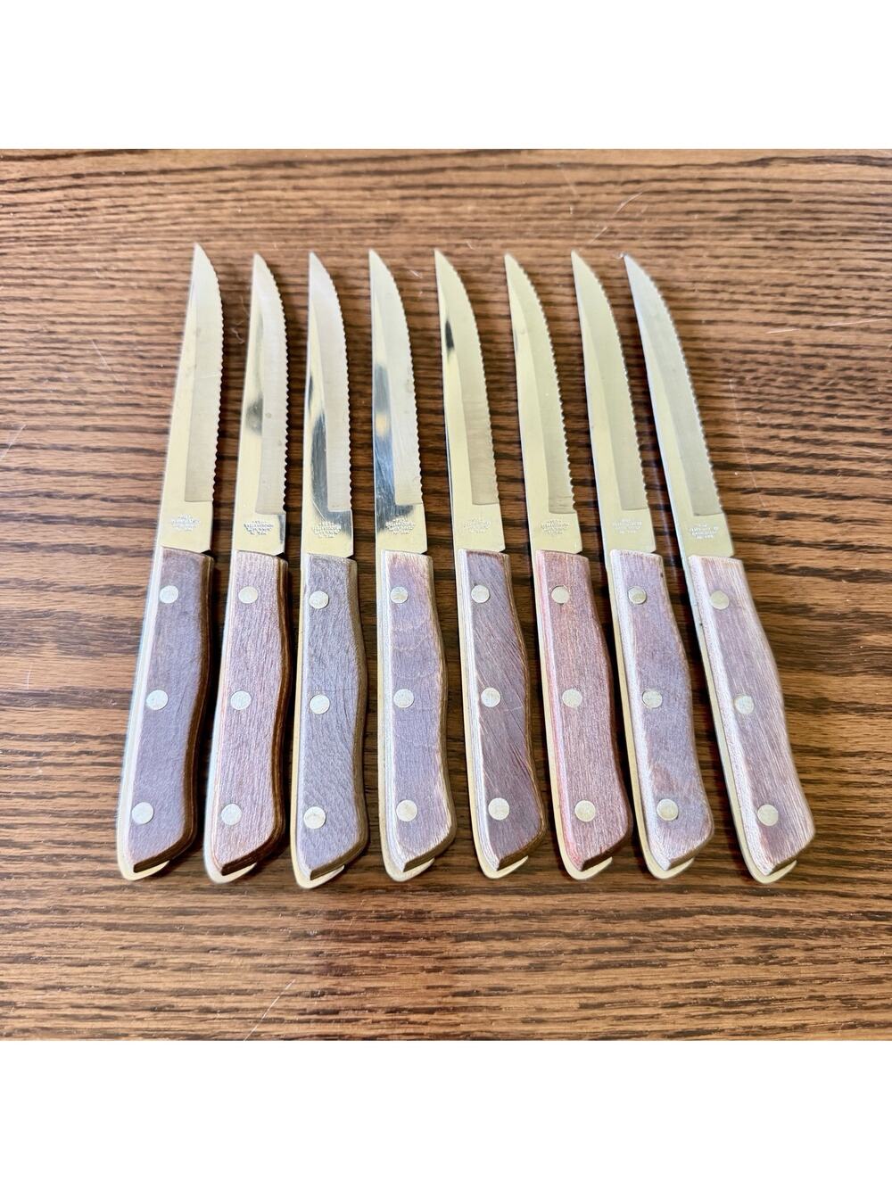 Vtg Japan Serrated Stainless‎ Steel Steak Knives Wood Set Of 8 USA